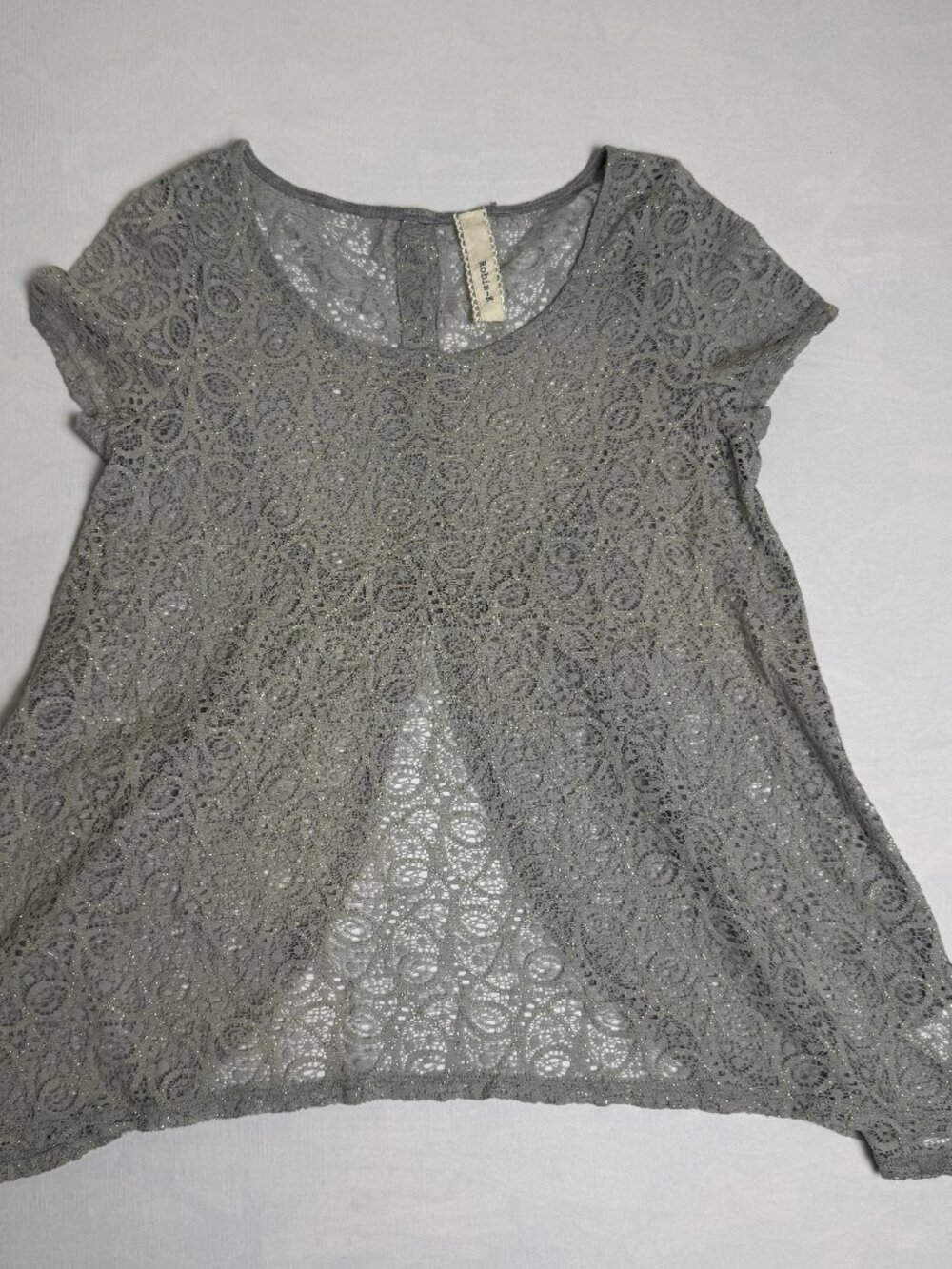 Robin K Grey & Gold Top Scoop Neck Cap Sleeve Sheer Lace Button Back Open Back